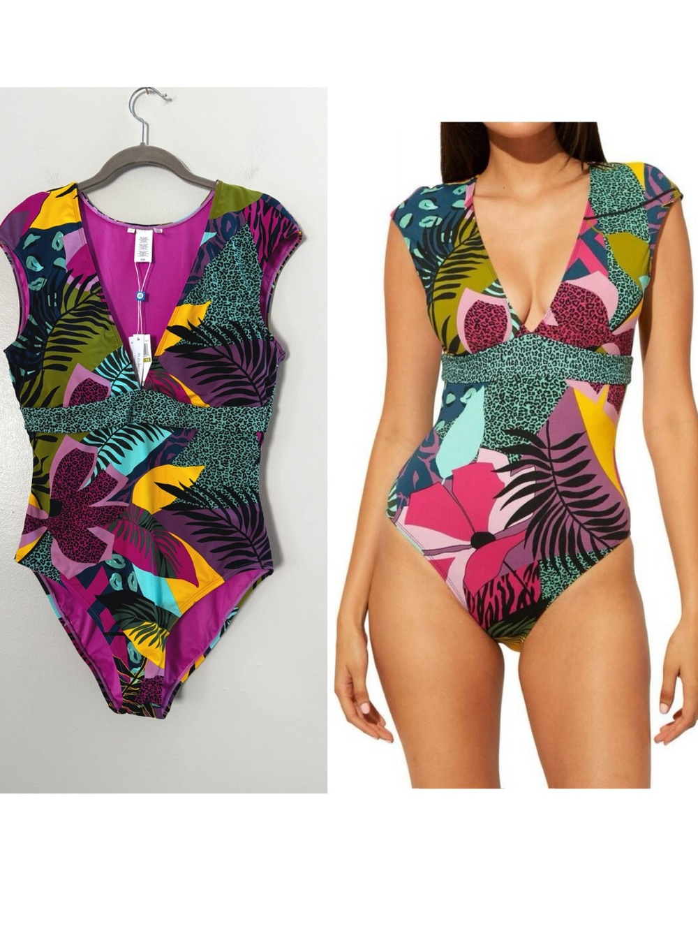 Bleu Rod Beattie One Piece Jungle Teal Green Pink Yellow Leopard Resort Swimsuit
